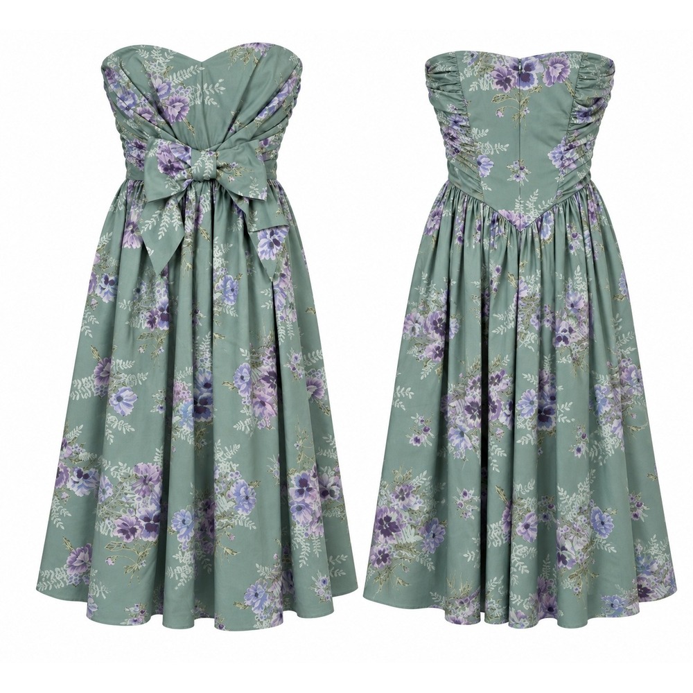 Laura Ashley Vintage Floral Strapless Bow Back Midi Dress Sage Green Women 10